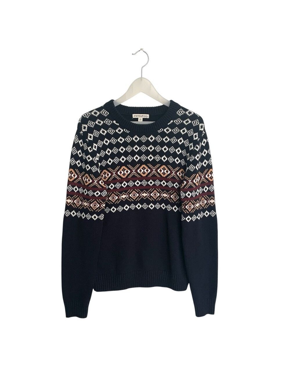 Frye & Co Men’s Navy Fair Isle Crewneck Sweater Size Small Cotton Blend Knit